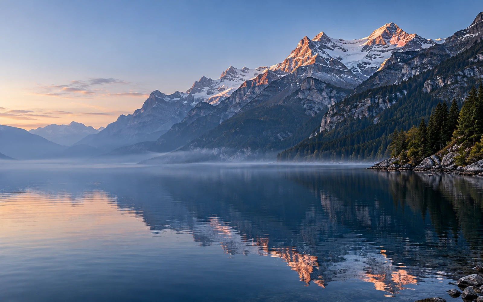 Illustrative image: mountain lake in the Alps at dawn